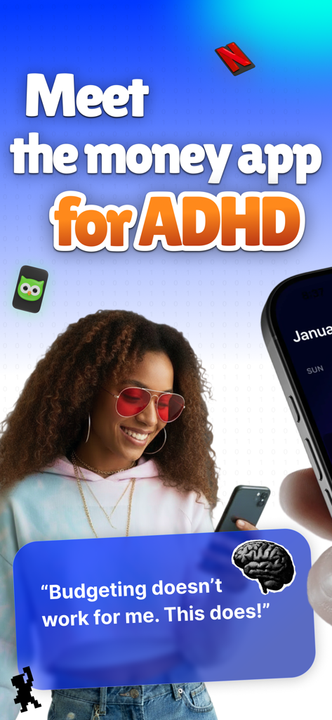 Subbie - Money Calendar - Promotional image for Subbie money calendar app showing a woman smiling and text highlighting it as a money management tool for ADHD