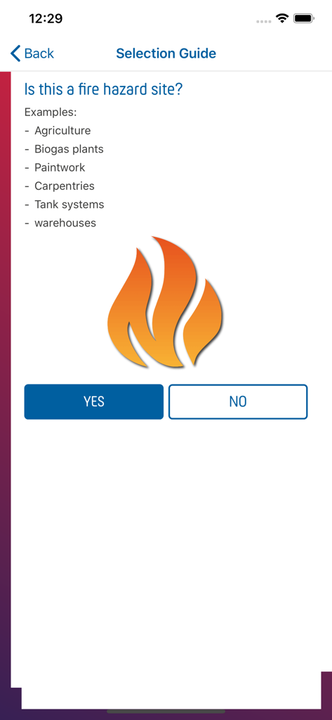 Interfaz de la guía de selección de Doepke preguntando si la ubicación es un sitio con riesgo de incendio.