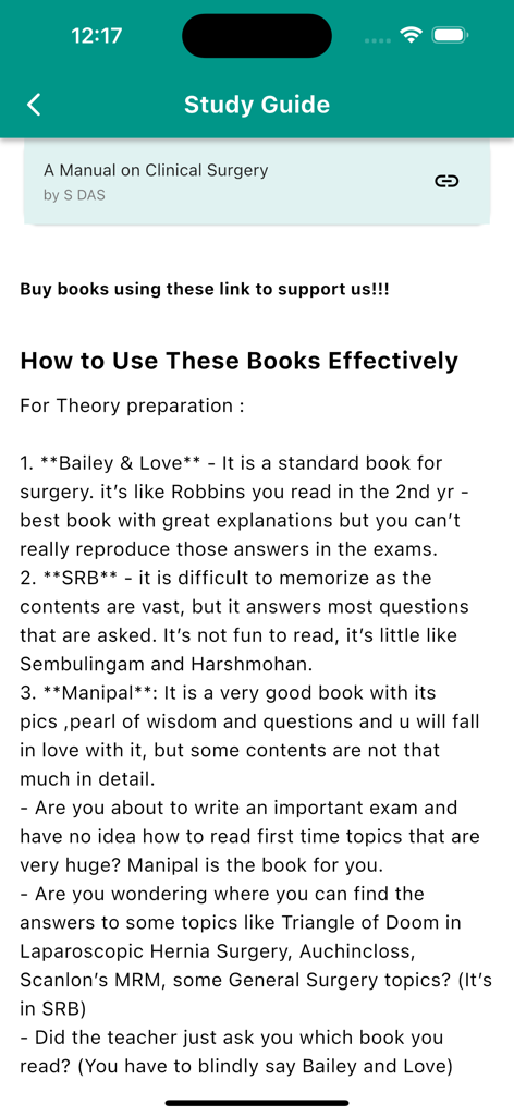 Plexus MBBS - Study guide screen in Plexus MBBS app providing recommendations on medical textbooks like Bailey and Love and SRB for surgery exam preparation.