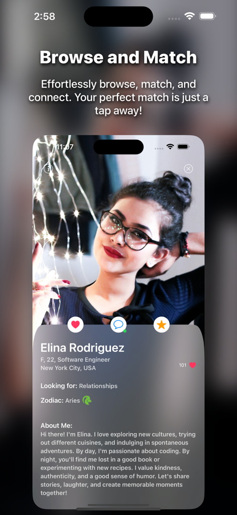 Mobile app screenshot showing a dating profile for a woman named Elina with options to like, message, and favorite on the Hey Sathi platform.