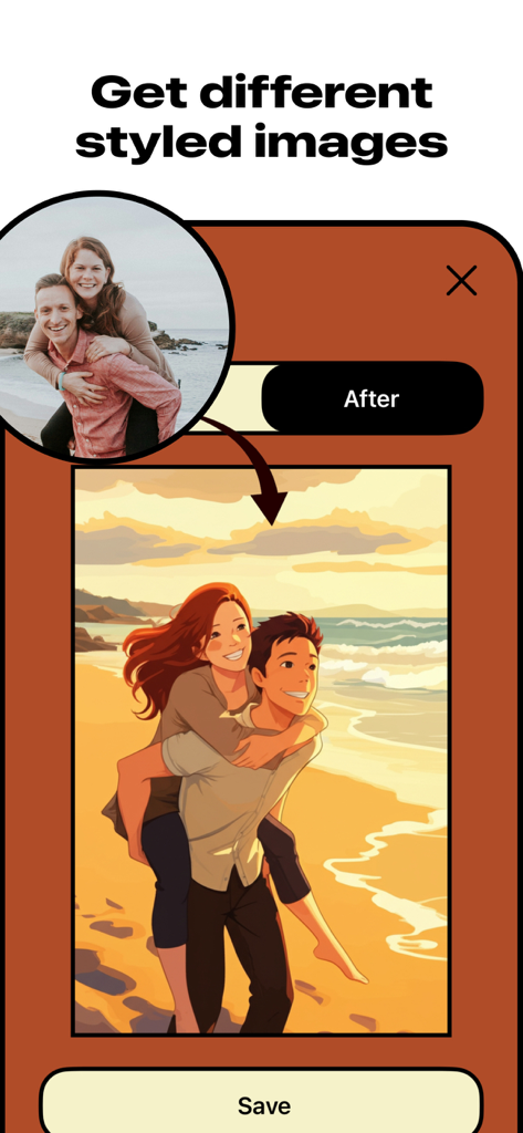 Artify:Cartoon art filter - Before and after comparison of a couple's beach photo transformed into a stylized anime illustration