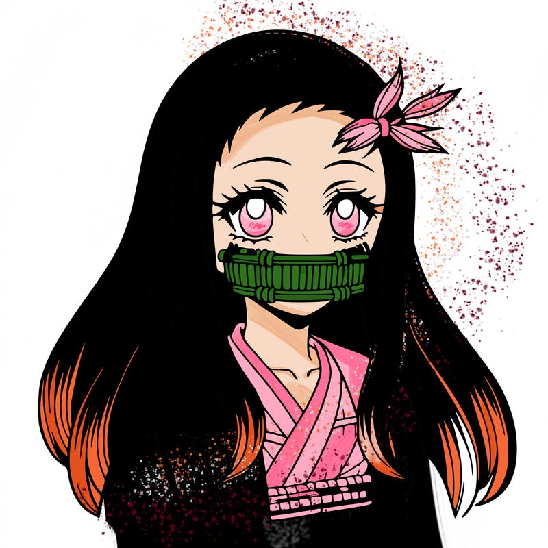 nezuko anime girl with bamboo muzzle and black hair with dyed ends