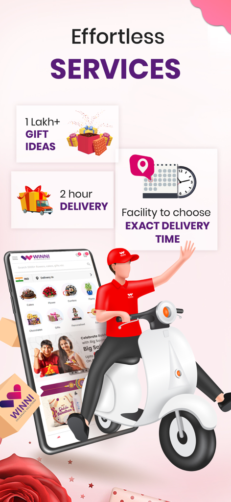 Mobile app screen for Winni showcasing gift ideas and fast delivery services in India