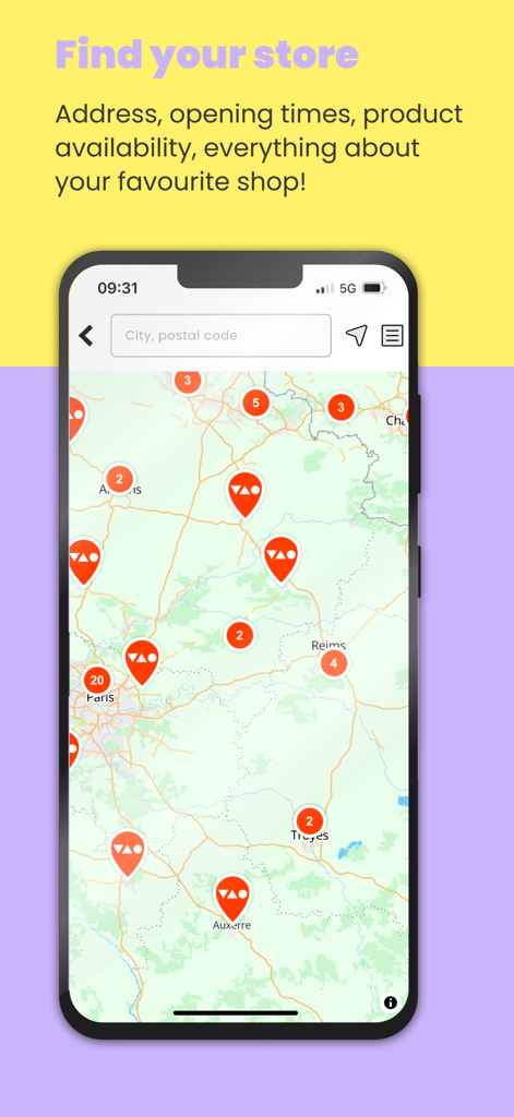 Tape à l'oeil - Kids Clothing - Mobile app screen showing a map with pins for Tape a l'oeil store locations