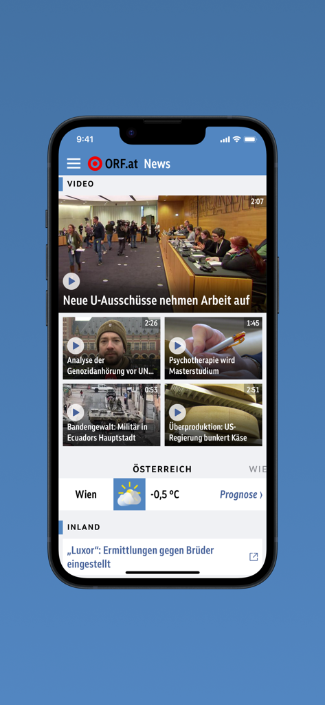 ORF.at News - ORF.at News app interface showing news video clips and weather forecast for Vienna