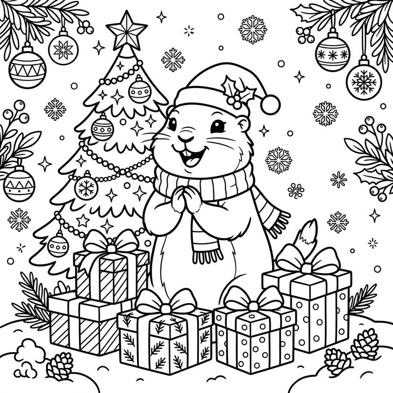 Celebrate the festive season with this delightful coloring page featuring a cheerful prairie dog surrounded by Christmas joy. This charming scene, complete with a decorated tree and presents, is perfect for getting into the holiday spirit.