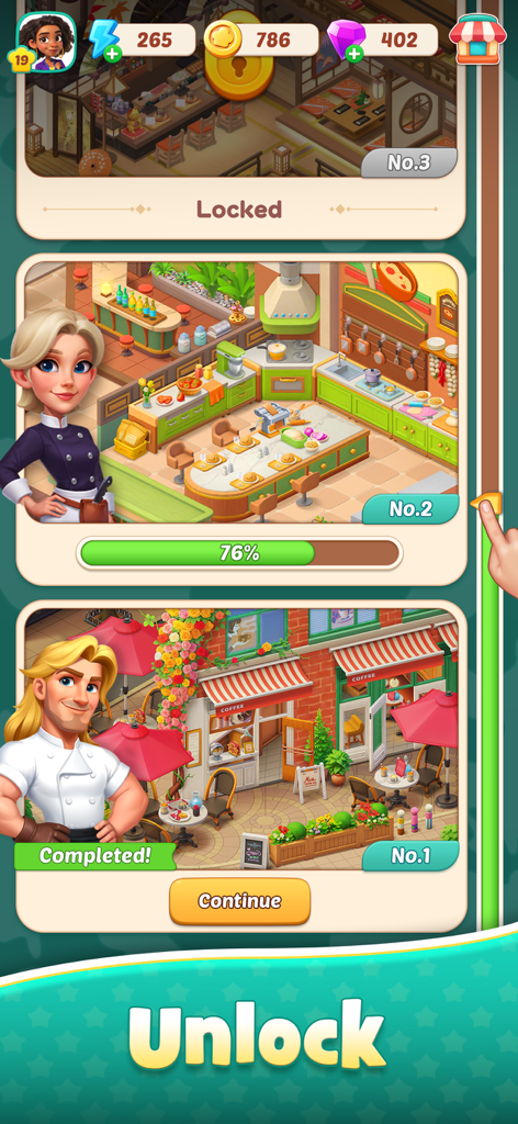 Foodstars: Merge & Cook - Mobile game screen showing completed and in-progress restaurant renovation projects in different global themes