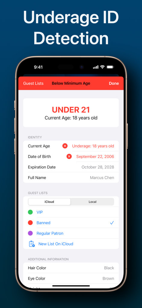 Interface of the Check ID Scanner app displaying a red alert for an underage user with identity details and guest list tags.