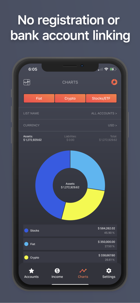 Net Worth by BalanceViewer app showing a portfolio chart of stocks crypto and fiat assets