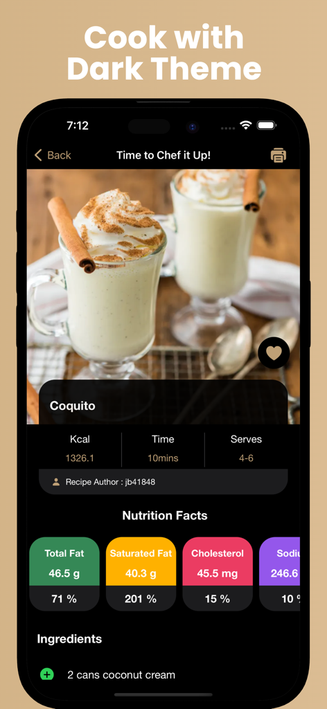 Daily Recipes: World Cuisines - Interface do aplicativo móvel mostrando uma receita de Coquito com informações nutricionais e ingredientes em modo escuro