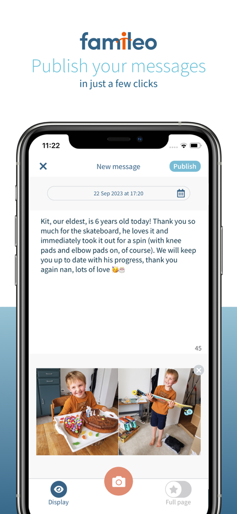 Interface de l'application Famileo montrant la création d'un nouveau message familial avec des photos et un texte d'anniversaire.