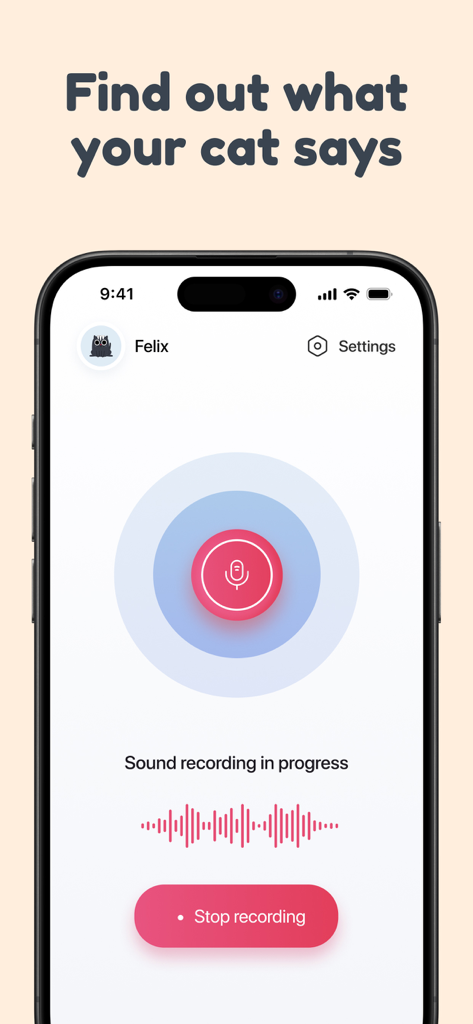 Mobile interface of Cat Translator app showing an active voice recording for a cat named Felix
