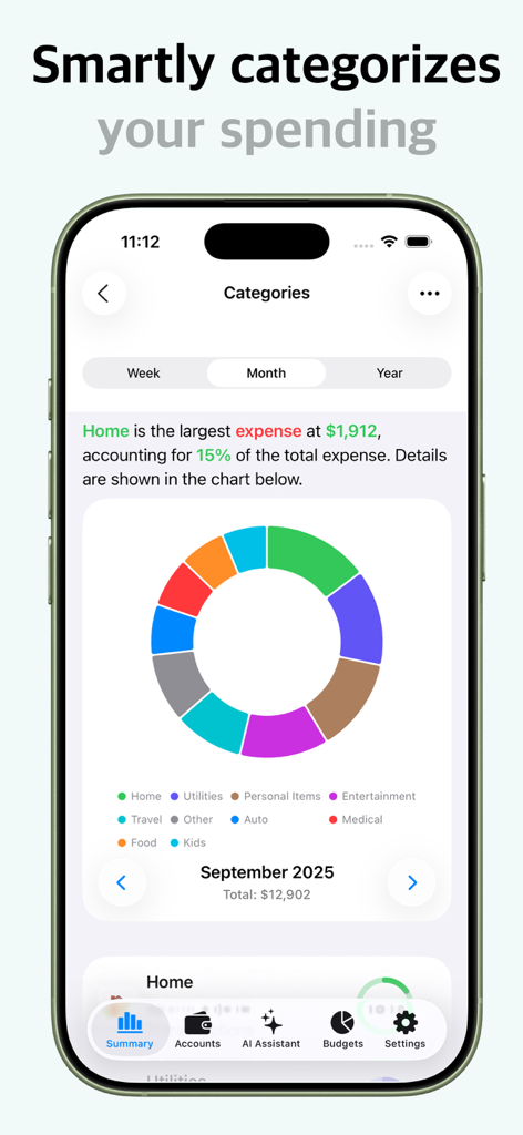 La aplicación Mona muestra las categorías de gastos mensuales en un gráfico circular