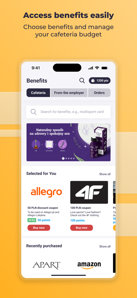 Worksmile app benefits cafeteria screen showing shopping discounts and budget points