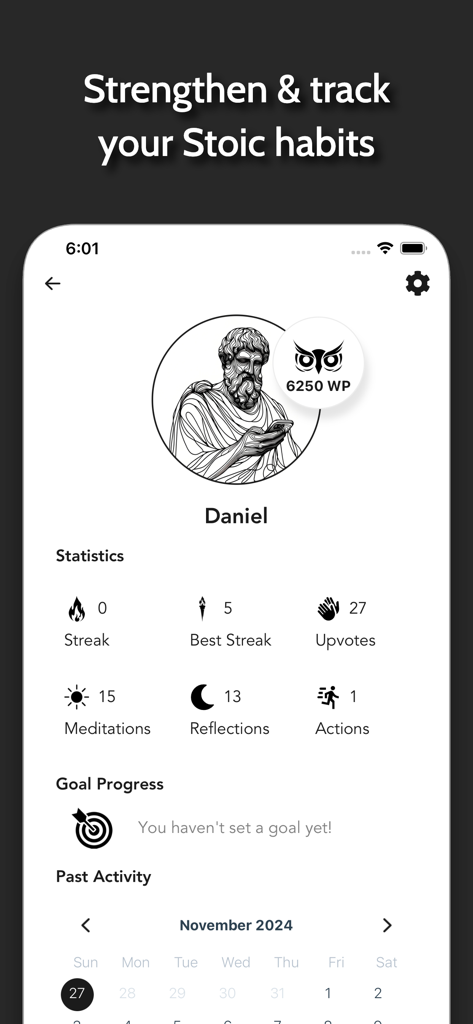 Daily Stoicism by Agora - Daily Stoicism app profile screen showing user statistics streaks and habit tracking