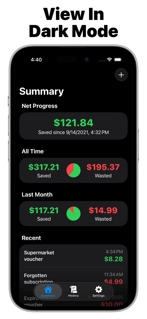 Money Habit Tracker: How Much? - Money Habit Tracker summary dashboard in dark mode displaying savings and wasted money stats