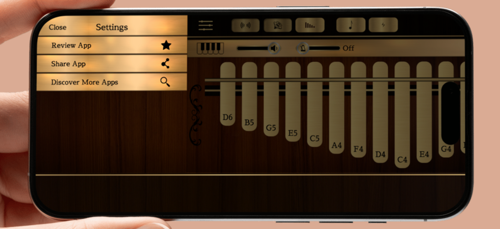 Kalimba Simアプリの設定メニューとバーチャル親指ピアノインターフェース。