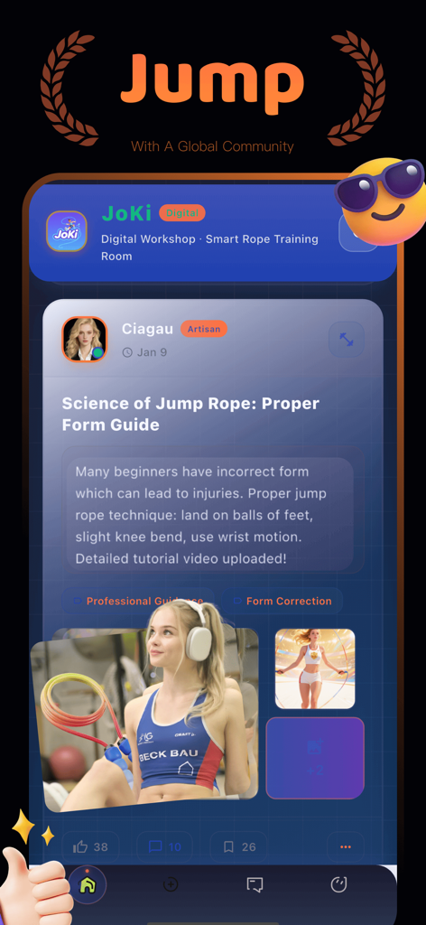 JoKi app interface displaying a tutorial on proper jump rope form within a fitness community