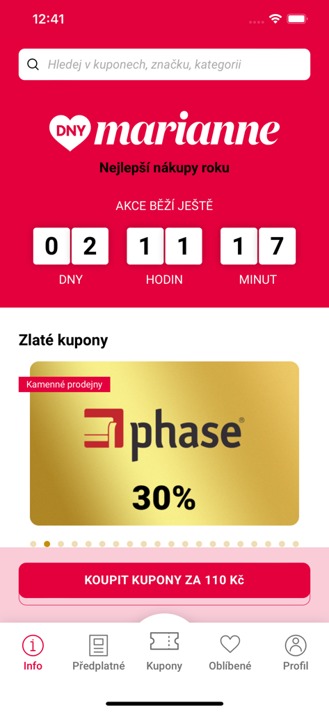 Dny Marianne shopping app interface showing a countdown timer and exclusive golden coupons with discounts