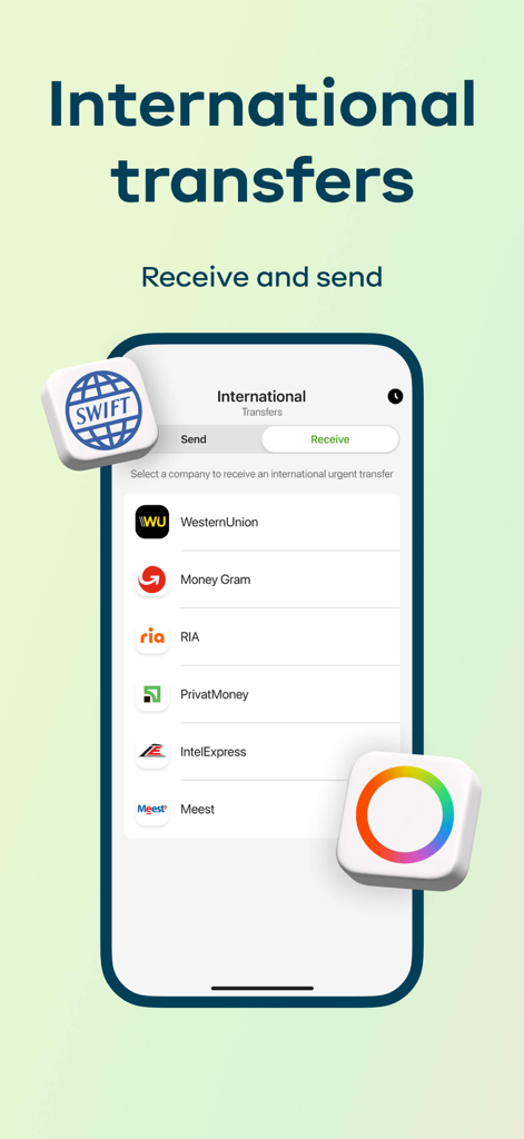Privat24 mobile bank interface for sending and receiving international money transfers