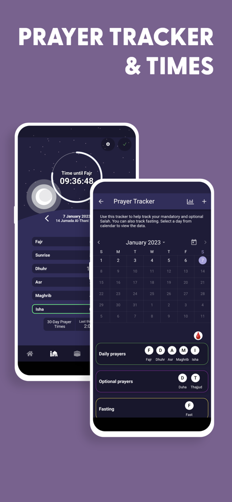 Screenshot of the Salam App showing a prayer tracker calendar and daily prayer times list