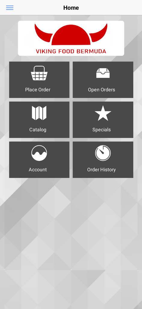 Viking Food Bermuda - Home screen of the Viking Food Bermuda app showing menu options for placing orders and viewing catalogs