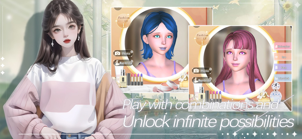 Dancing Dress Up Star - Three 3D character avatars showing makeup and hair customization options in the Dancing Dress Up Star app.