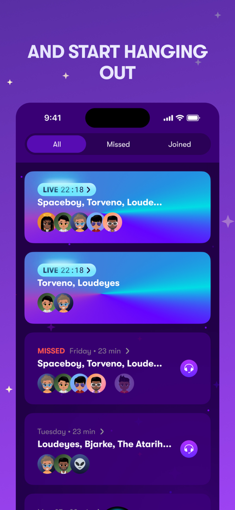 Une interface mobile de l'application Rune montrant une liste de sessions de jeu sociales en direct et manquées avec les avatars des amis