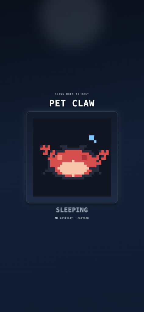 Pet Claw - A pixel art crab character in the sleeping state within the Pet Claw AI monitoring app