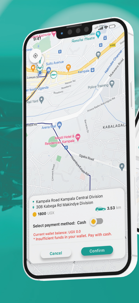 Ride Now - Uganda - Ride Now Uganda app interface showing a trip request on a map of Kampala with ride fare and distance details