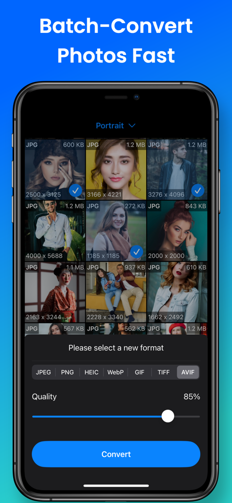 Image Converter & Compressor - Mobile app interface showing multiple photos selected for batch conversion with format and quality settings.