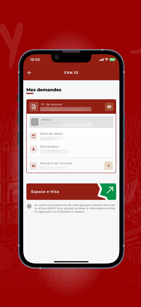 Fan ID request status screen on the YALLA mobile app with e-Visa link