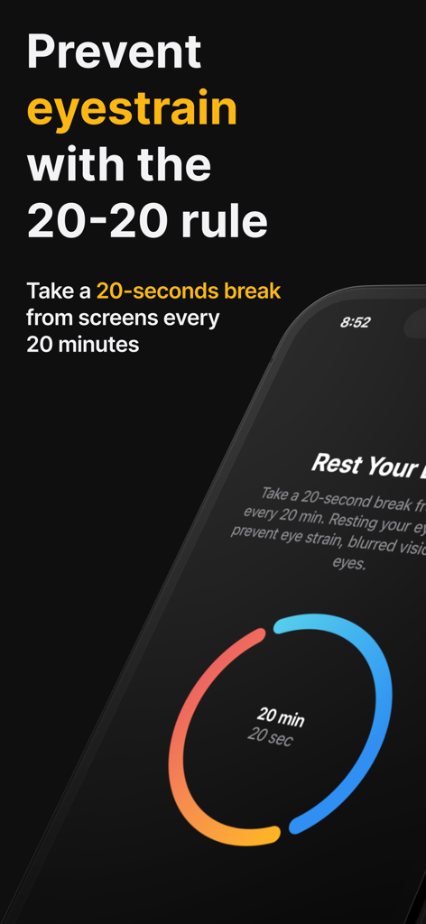 Rest Your Eyes - Breaks - Rest Your Eyes app screenshot explaining the 20-20-20 rule to prevent eyestrain with a circular break timer