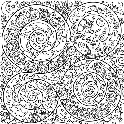Get ready for a unique Halloween coloring experience with this intricate design, where classic spooky motifs swirl within captivating spiral patterns. Perfect for colorists looking for a challenging yet delightful way to celebrate the season.