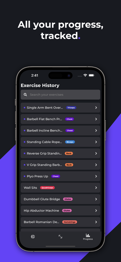 MyARC Fitness app screen showing a detailed list of tracked exercises and targeted muscle groups
