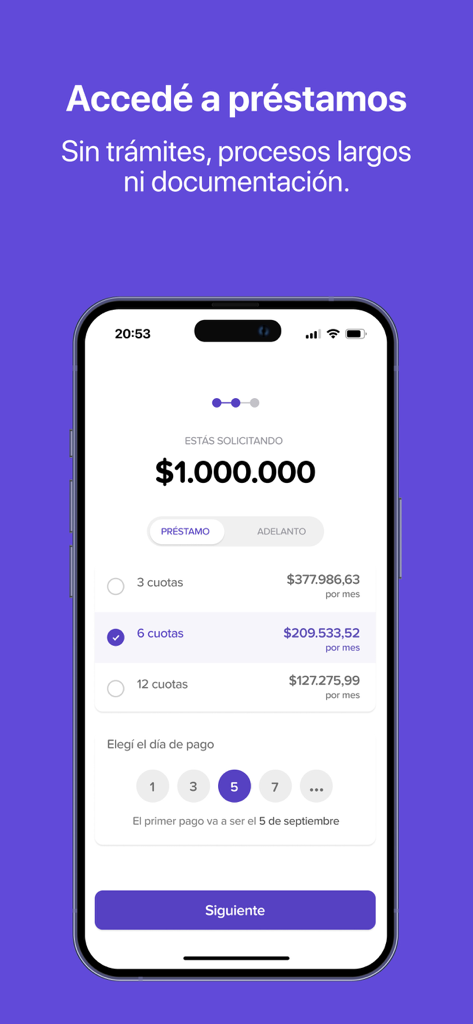 Brubankのモバイルインターフェースで、100万ペソのローン申請と分割払いオプション、書類不要の表示。