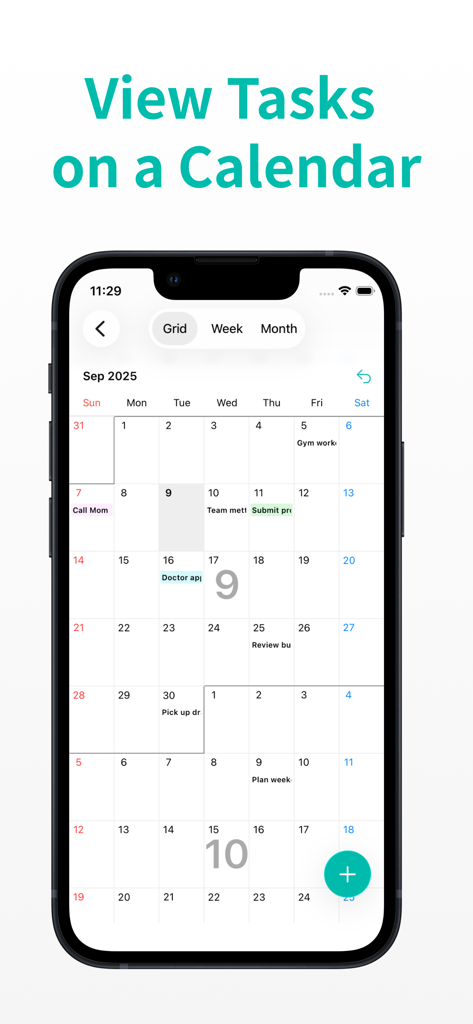 Minimal Tabbed ToDo List - Un smartphone mostrando la vista de calendario de la aplicación Lista de Tareas Minimalista con Pestañas con tareas programadas y etiquetas codificadas por colores.