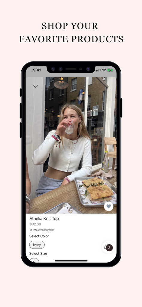 아이보리 색상 선택 및 라이프스타일 사진이 특징인 Athelia Knit Top의 Brandy Melville US 앱 제품 상세 페이지