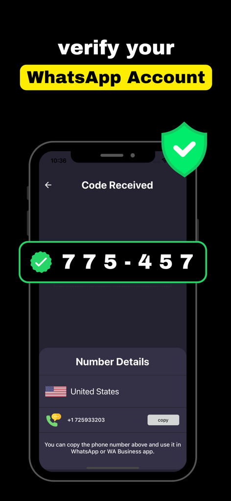 Virtual Number for SMS Verify - Interface showing a verification code for WhatsApp and a US virtual phone number
