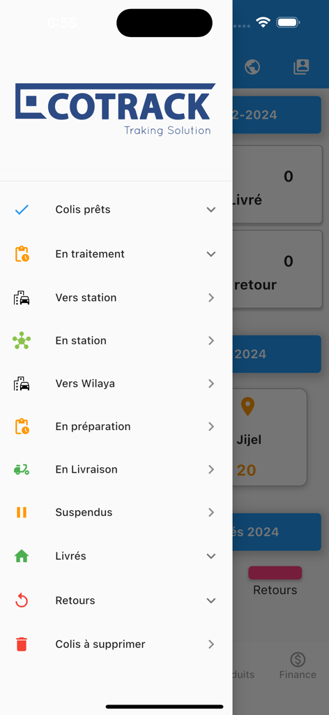 ECOTRACK - Expéditeur - ECOTRACKモバイルアプリのサイドナビゲーションメニュー、フランス語でさまざまな配送ステータスカテゴリが表示されています。
