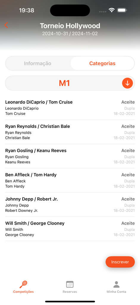PadelTeams - Tournament categories screen in the PadelTeams app showing a list of registered doubles pairs.