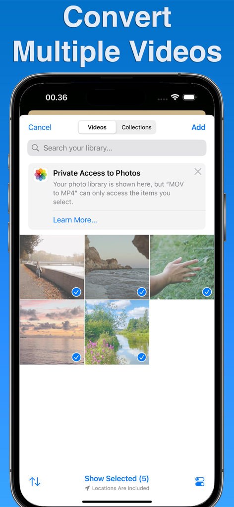Convert MOV to MP4 - iPhone-Bildschirm, der die Auswahl mehrerer Videos für die Stapelkonvertierung in der MOV to MP4-App zeigt