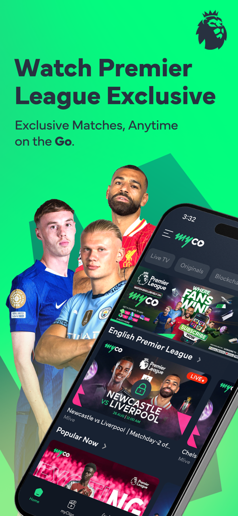 myco - live sports, TV, Films - A smartphone displaying the myco app interface featuring live Premier League football matches and professional soccer players.
