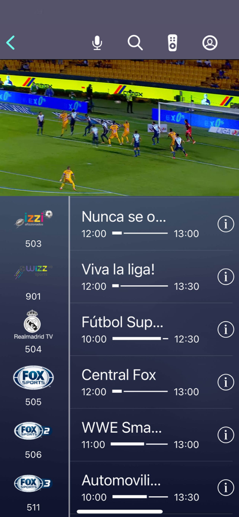 izzi go - Interface de l'application izzi go affichant un match de football en direct et une liste défilante de chaînes de télévision sportives et de programmes.