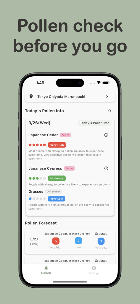 The Pollen Forecast Checker - The Pollen Forecast Checker app displaying today's pollen levels for Japanese Cedar and Cypress with a 5-day forecast