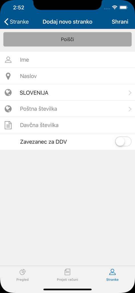 Screenshot of the Minimax Accounting mobile app showing the add new client form