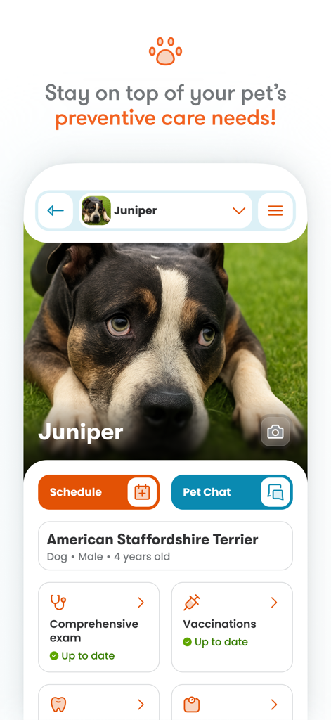 Application mobile Banfield Pet Hospital affichant le profil d'un chien avec son statut de vaccination et d'examen de santé.