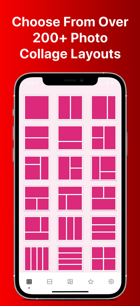 PicMerger Edit Pics & Collages - A smartphone displaying a variety of photo collage layout templates in the PicMerger app