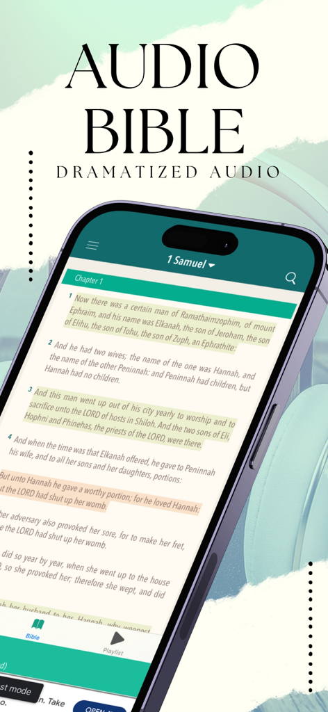 iPhone displaying the dramatized audio bible app interface with highlighted scripture verses