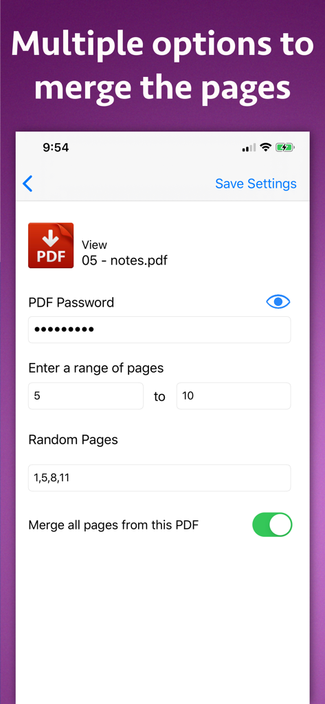 ページ範囲選択とパスワード入力の設定を示すPDF結合・マージアプリのスクリーンショット